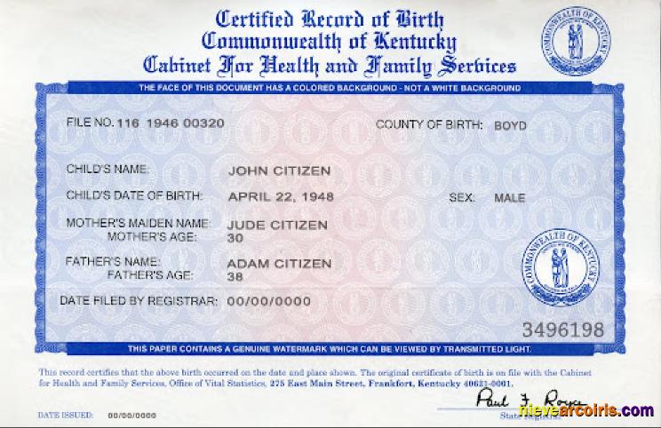 USA Kentucky birth certificate